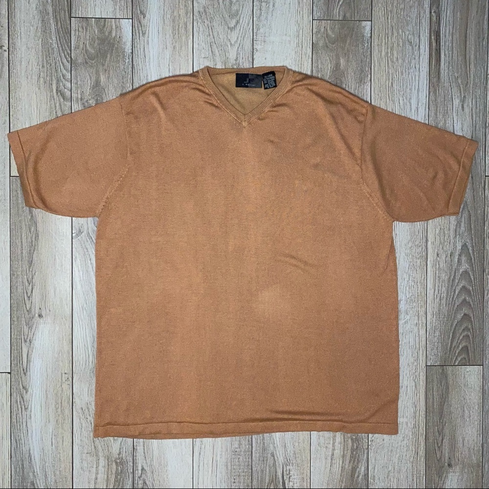 J Ferrar Silk Blend V-Neck Beige Short Sleeve Shirt